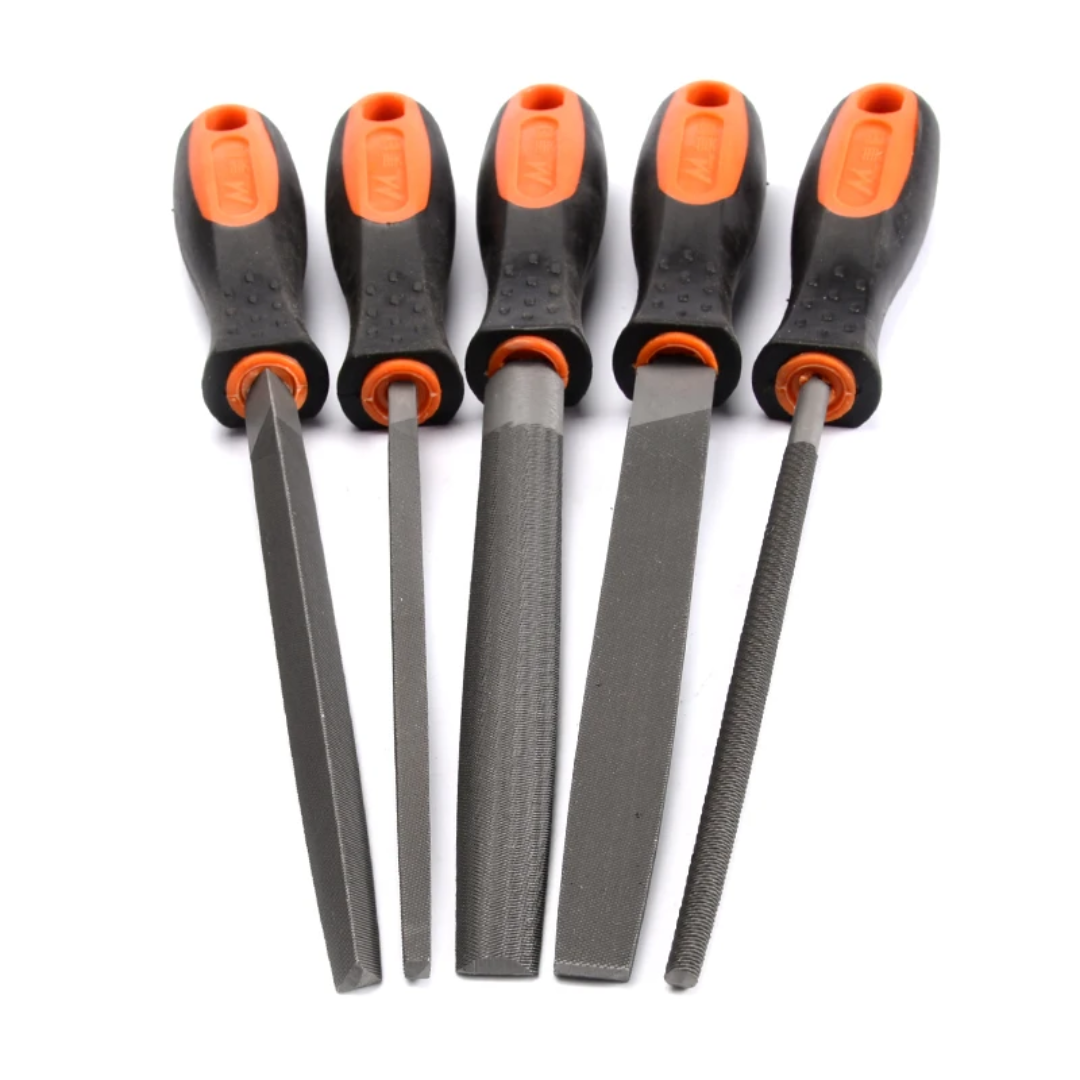 T12 allié forgé en acier et poignée en caoutchouc -Cinq différentes formes: Rond fichier lime demi-ronde triangulaire fichier lime carrée, fichier plat -Parfait pour façonner le bois, le métal, miroir, verre, carrelage, céramique, cuir et plastique