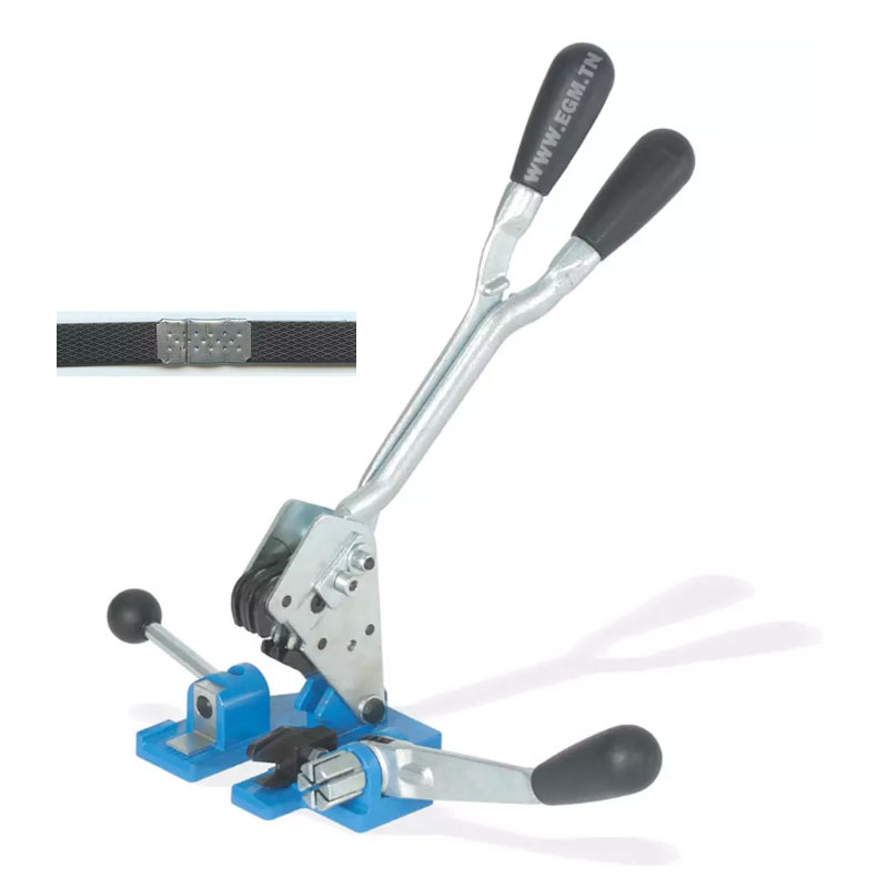 tendeur-sertisseur combiné manuel, idéal pour la fermeture de colis.Il est conçu pour tendre, sertir et couper des feuillards en polypropylène (PP).Le modèle montré est compatible avec des feuillards d'une largeur de 13 mm à 16 mm