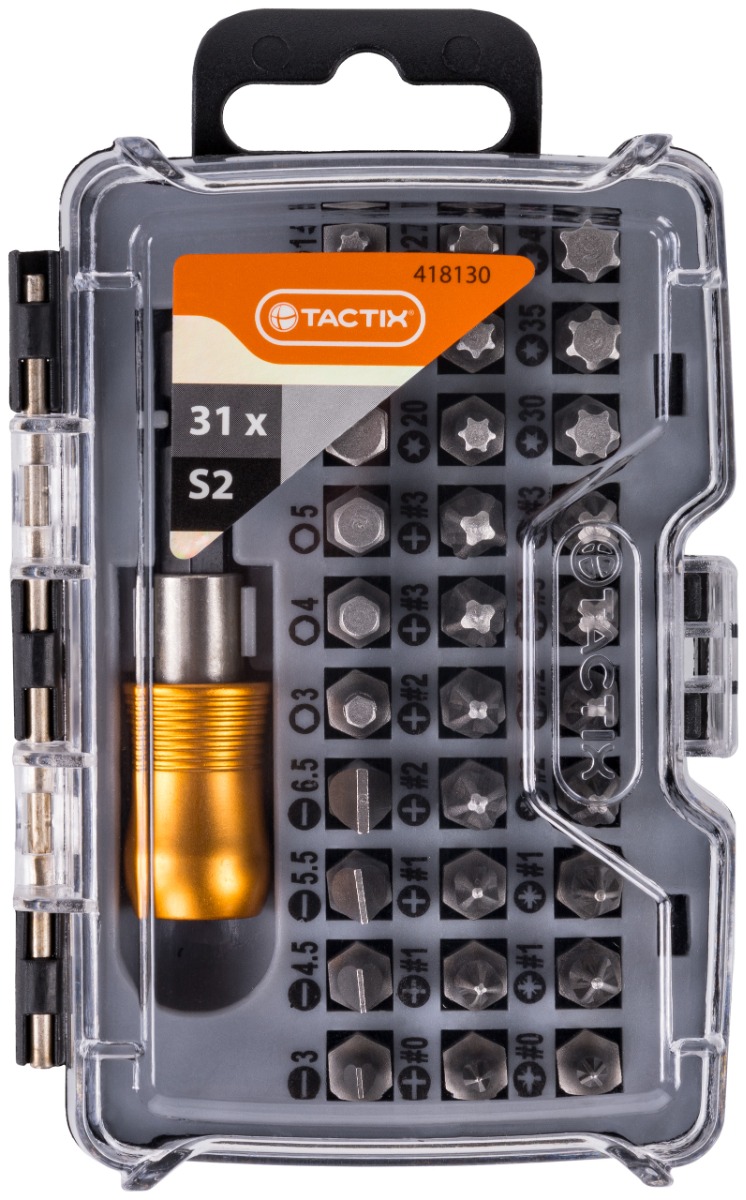 coffret de 61 embouts de vissage Tactix.  Matériau : Embouts en acier S2 pour une meilleure durabilité