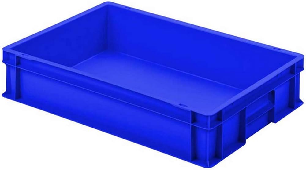 caisse de transport en plastique bleu de 600 x 400 x 120 mm.Ce modèle est conçu selon la norme Europe, ce qui signifie qu'il est gerbable (empilable) et optimisé pour le stockage industriel.Elle est fabriquée en polypropylène solide
