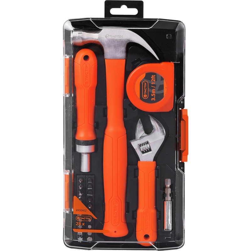 ensemble d'outils généraux de la marque Tactix (modèle 900402).  Cet ensemble comprend 28 pièces essentielle 