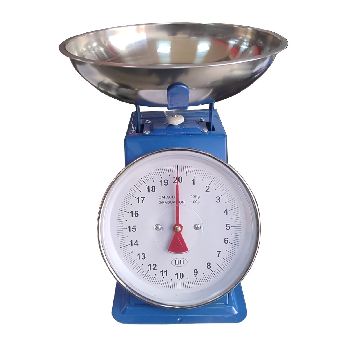 balance mécanique à ressort ADEGSO, avec un bol en acier inoxydable.Elle a une capacité de pesée maximale de 20 kg et fonctionne sans électricité ni piles.