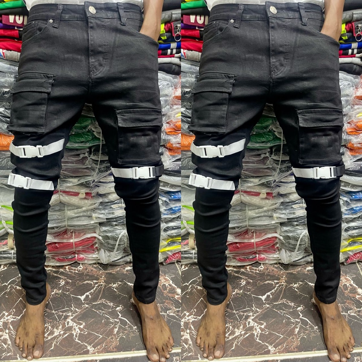 Fashion trend street style leather and rhinestone patch jeans strap slim black jeans men