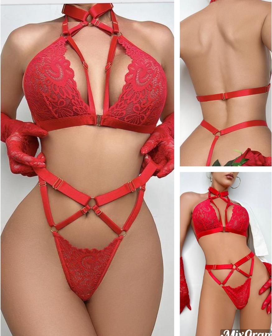 Deep Love vente en gros rouge érotique évider Lingerie deux pièces nouvel an Festival Sexy soutien-gorge culotte ensembles de Lingerie et gants en dentelle