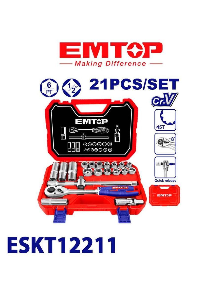coffret de douilles EMTOP 21 pièces 1/2".  Marque : EMTOP
